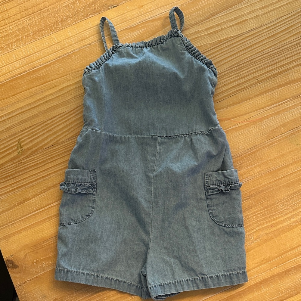 Never worn! Cat & Jack Blue Denim Romper Shorts with Ruffle Pockets